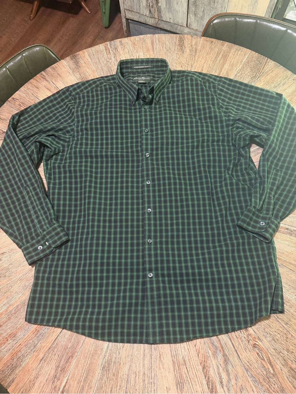 Eddie Bauer Men’s Plaid green navy blue button down long sleeve shirt Tall XL